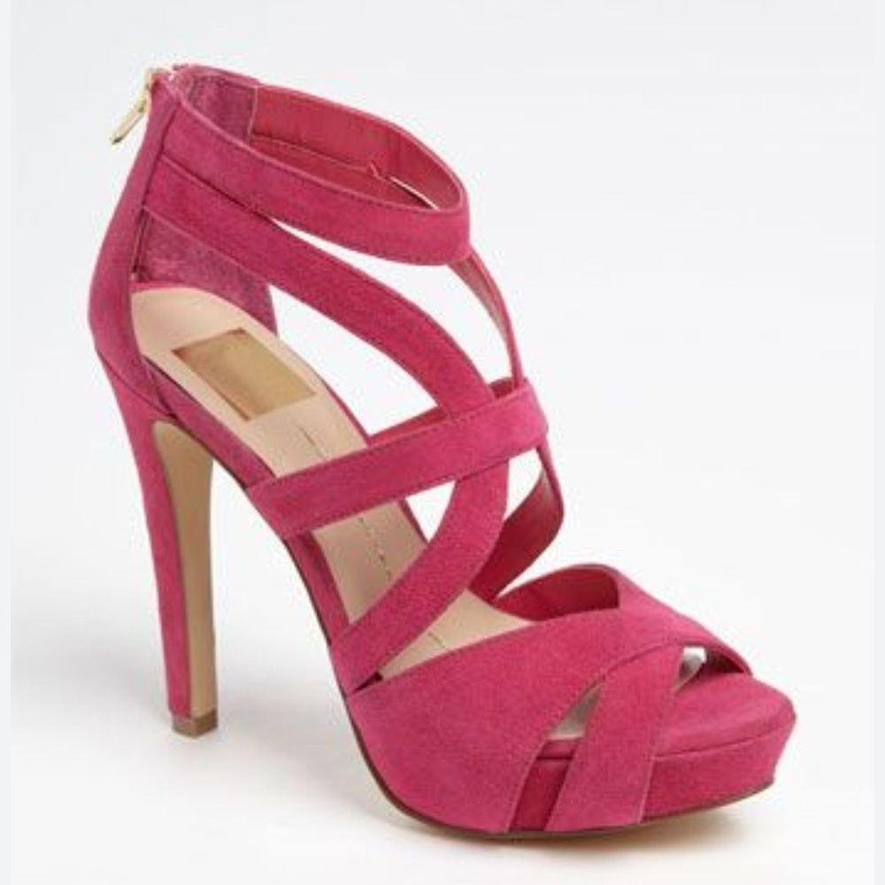 DV by Dolce Vita Balla Strappy Stiletto Pink Suede Gold Plate Womens Size 6